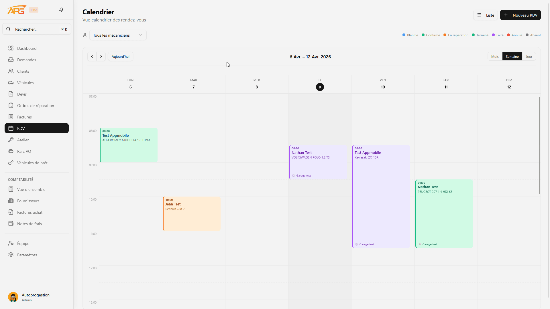 Calendrier APG — planning et rendez-vous